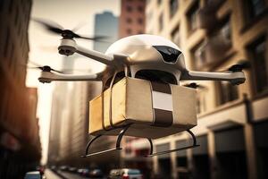 en volant livraison drone avec papier carton boîte dans ville, robotique poster, futur logistique technologie. génératif ai photo
