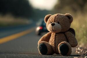 disparu enfant, enfant abuser de concept. abandonné mignonne nounours ours jouet séance sur route sur asphalte contre Contexte de en quittant auto. génératif ai photo