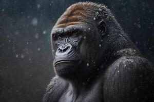 portrait de magnifique africain gorille dans chute de neige en plein air. génial tropical singe, primate animal. établi par génératif ai photo