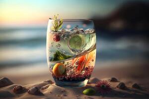 fruit cocktail dans verre sur plage sur ensoleillé jour, rafraîchissant boisson fermer. génératif ai photo