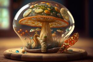 fantastique champignons croissance dans une verre dôme sur une table à l'intérieur. génératif ai photo