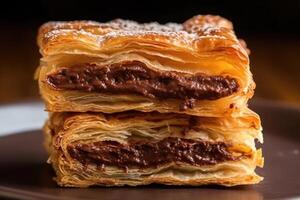 Stock photo de floconneux Pâtisserie avec Chocolat floconneux Pâtisserie nourriture la photographie génératif ai