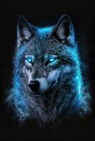 la magie gel Loup avec bleu yeux sur noir Contexte. génératif ai photo
