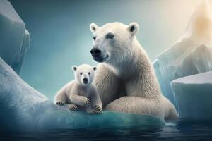 mère et bébé polaire ours dans Antarctique, génératif ai photo