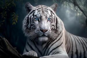 blanc tigre portrait sur foncé Contexte. ai génératif photo