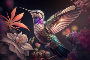 colibri dans vol dans fermer, contre une Contexte de une tropical coloré forêt et les plantes en buvant fleur nectar. génératif ai photo