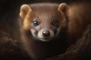 portrait de vison, mignonne peu animal à la recherche à caméra, en plein air. rare animal, en danger espèces, sauvage la vie catastrophe concept. génératif ai photo