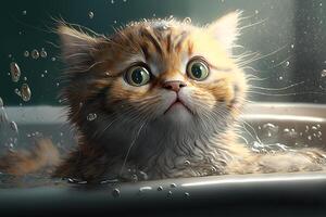 portrait de mignonne peu chaton avec une marrant expression prise une baignoire dans salle de bains, animal hygiène. bande dessinée illustration par génératif ai photo