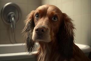 pedigree triste mignonne humide chien dans salle de bains à la recherche à caméra avec marrant expression. animal de compagnie la lessive, animal hygiène. illustration par génératif ai photo