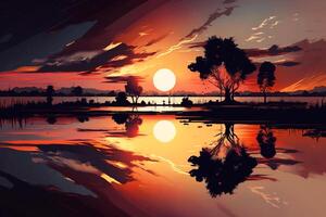 le coucher du soleil paysage, arbre silhouette contre ciel, rivière et Soleil. génératif ai illustration photo