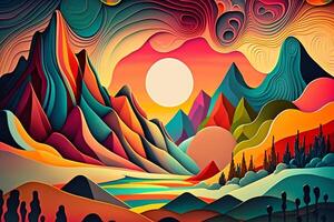 surréaliste brillant coloré psychédélique paysage. multicolore montagnes, ciel, fantaisie la nature. génératif ai illustration photo