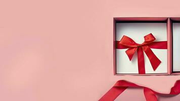 3d rendre de ouvert cadeau boîte avec rouge soie ruban contre pastel rose Contexte et copie espace. photo
