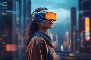 une femme portant une vr casque dans de face de une paysage urbain, ai généré photo