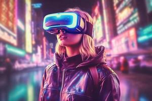 une femme portant une vr casque dans de face de une paysage urbain, ai généré photo