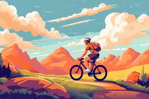 génératif ai illustration de Jeune homme cyclisme dans été Contexte. Montagne Cyclisme homme équitation sur bicyclette dans été montagnes forêt paysage photo