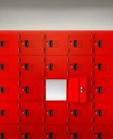 dépôt rouge casier des boites ou Gym Casiers à l'intérieur de une pièce avec un central ouvert porte photo