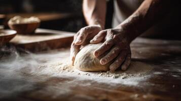 une personne mains pétrissage pâte sur une saupoudré de farine plan de travail tandis que en train de préparer fait maison pain ou Pâtisserie. ai généré photo