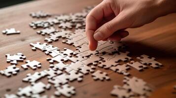 une personne mains assemblage une scie sauteuse puzzle, avec puzzle pièces épars sur une tableau. ai généré photo