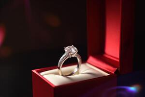 élégant diamant mariage bague dans une boîte avec une rouge thème. ai généré photo