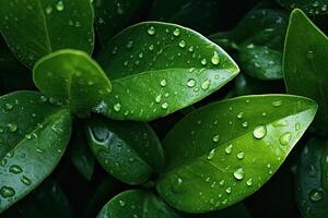 Haut vue Frais vert feuilles avec gouttes de pluie texture. ai généré photo