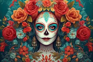 dia de los muertos affiche dans traditionnel mexicain style effectuer beauté de calavera catrina ai généré vacances personnage pour Accueil décor ou culturel un événement avec tête de mort femmes avec fleurs photo