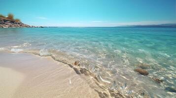 le sable plage avec mer l'eau été arrière-plan, génératif ai photo