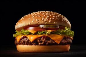 Frais cheeseburger isolé sur foncé Contexte. ai généré photo