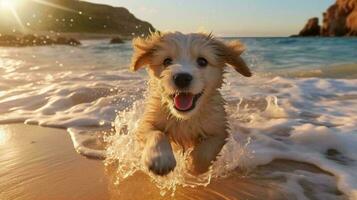 chien fonctionnement sur le le sable plage avec l'eau éclabousser photo