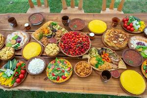 fait maison roumain nourriture avec grillé Viande, polenta et des légumes plat sur camping. romantique traditionnel moldave nourriture à l'extérieur sur le bois tableau. photo