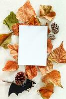 bannière. moderne Contexte avec l'automne feuilles et chauve souris. Halloween avec copie espace pour texte. photo