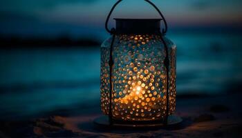 embrasé lanterne illumine vieux façonné bougie sur le sable généré par ai photo