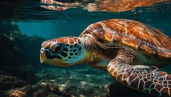 grand mer tortue nager dans tranquille récif généré par ai photo