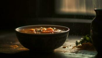 en bonne santé végétarien soupe dans rustique en bois bol généré par ai photo