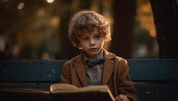 mignonne garçon en train de lire livre, souriant dans la nature généré par ai photo