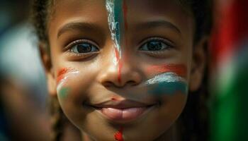 souriant écolier avec visage peindre spectacles patriotisme généré par ai photo