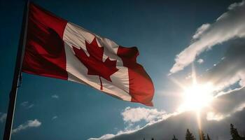 canadien drapeau agitant dans brillant lumière du soleil en plein air généré par ai photo