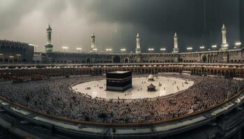 illuminé minarets éclairer Dubai spirituel horizon à crépuscule généré par ai photo