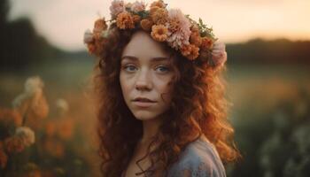 Jeune femme souriant dans la nature beauté généré par ai photo