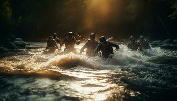 groupe de copains éclabousser dans le le coucher du soleil vagues généré par ai photo