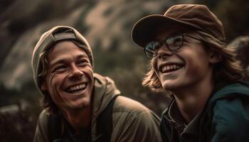 souriant Hommes et femmes prendre plaisir la nature aventure généré par ai photo