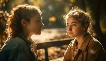 deux garçons souriant, en jouant dans l'automne la nature généré par ai photo