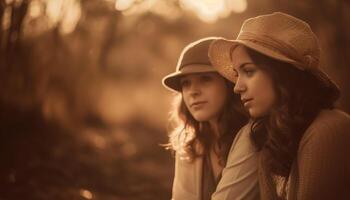 deux Jeune femmes souriant, embrassement dans la nature généré par ai photo