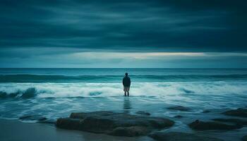 solitude sur le littoral, un la personne permanent généré par ai photo