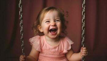 mignonne bébé fille balançant en plein air, souriant joyeusement généré par ai photo