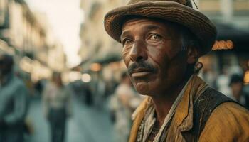 souriant homme en marchant dans célèbre ville le coucher du soleil généré par ai photo