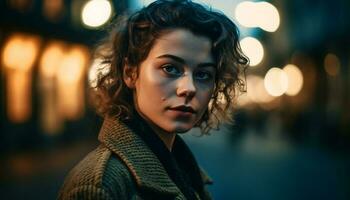 Jeune femme avec marron cheveux souriant en plein air généré par ai photo