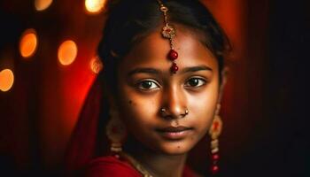 Jeune Indien femme souriant dans traditionnel sari généré par ai photo