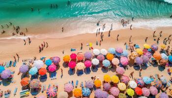 bondé plage, multi coloré parapluies, amusement dans Soleil généré par ai photo