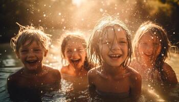 enfance amusant, éclabousser dans le bassin ensemble généré par ai photo