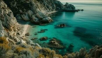 tranquille scène de turquoise des eaux et rocheux littoral généré par ai photo